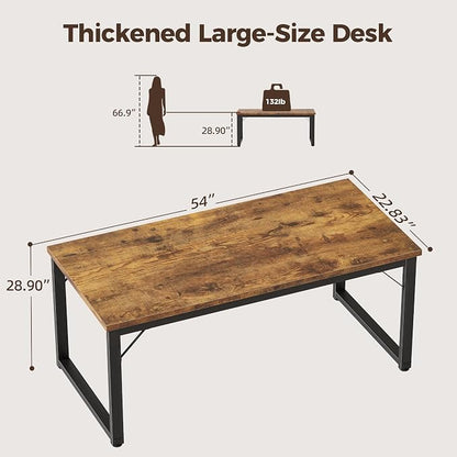 Mericonia 54 Inch Computer Desk, 1" Thick Large Office Table, Brown | Modern Simple Style, Heavy Duty Industrial Frame, Study & Writing Table for Home Bedroom Work