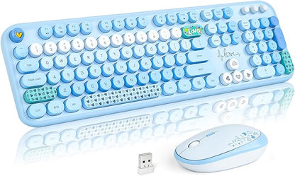 MOFII Wireless Keyboard and Mouse Combo, Cute Retro Typewriter Keyboard and Silent Mouse, 2.4GHz Full Size Computer Keyboard Wireless Mouse Set for PC, Laptop, Desktop, Windows (Blue Colorful)