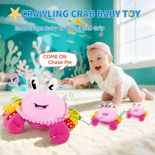 Baby Toys 6-12-18 Months, Pink Crawling Crab Tummy Time Toy, Rechargeable Musical Plush Toy with 50 Songs & Voice Recorder, Dancing Bouncing Interactive Baby Girl Sensory Toddler Toys 1 Year Old Gift
