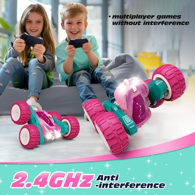 Tecnock Pink Remote Control Car for Girls and Boys, 2.4GHz RC Cars with USB-C Easy Charging, 4WD Double Sided 360° Rotates and Flips RC Stunt Car, Toys Gift for Kids Ages 6-8, 8-12
