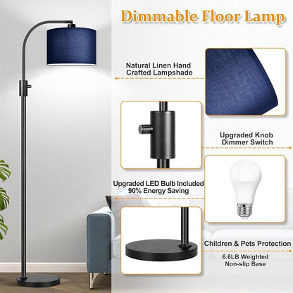 Nintiue Upgraded Modern Arc Dimmable Tall Standing Floor Lamp with Blue Shade, 1200 Lumens LED Bulb Included, for Living & Reading Room, Bedroom, Office & Nursery, Black