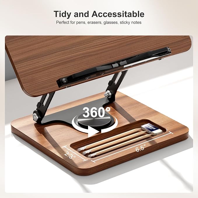 OPTIXCELL Book Stand for Reading, 360° Rotating Book Holder, Page Clips | Hands Free, Built-in Storage Tray, Adjustable Height Angle, Non-Slip, Foldable 13.3x9.4x1.9in, Fits Cookbook Tablet & Laptop