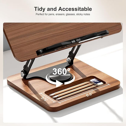 OPTIXCELL Book Stand for Reading, 360° Rotating Book Holder, Page Clips | Hands Free, Built-in Storage Tray, Adjustable Height Angle, Non-Slip, Foldable 13.3x9.4x1.9in, Fits Cookbook Tablet & Laptop