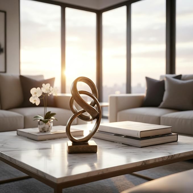 10" Modern Abstract Ribbon Decorative Sculpture, Knot Sculptures,Home Decor,Coffee Table Statues,Dining Living Room Desk Decor（Bronze Colored）