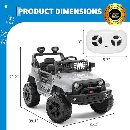 Hetoy 12V Ride on Toys with Parent Remote Control Toddler Electric Vehicle with Spring Suspension, LED Lights, Bluetooth, Music Player, 3 Speeds Ride on Car Truck for Kids Age 3-8 (Grey)