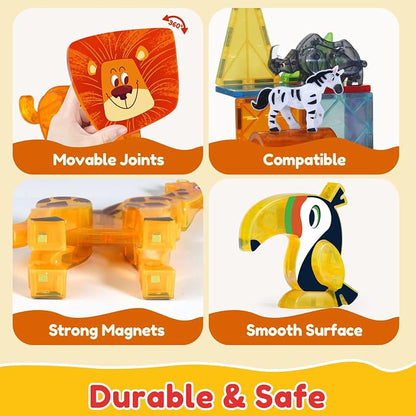 Oriate Magnet Safari Animals for Magnetic Tiles, 5pcs Zoo Animal Toys for Magnetic Blocks, Movable Joint Magnet Safari Animals Figures Compatible with Magnetic Building Tiles for Kids Magnetic Tiles