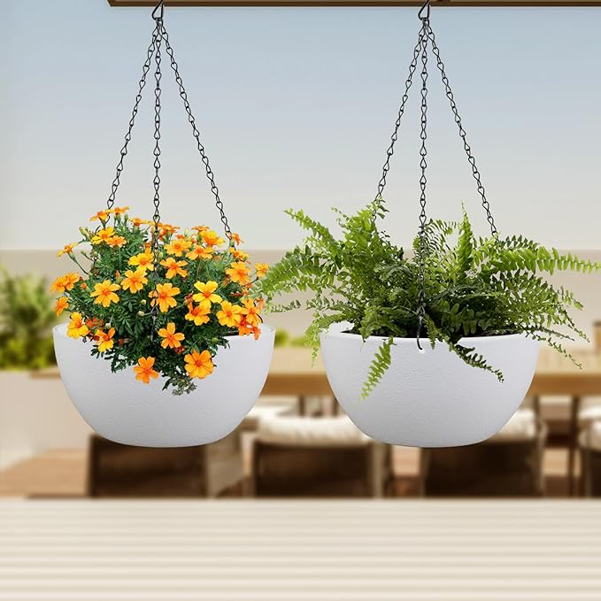 12 inch Large Hanging Planters for Indoor Outdoor Plants, 2 Pack Hanging Flower Pots with Drainage Holes and Chain for Garden Porch, Plastic Hanging Baskets for House Plants, White