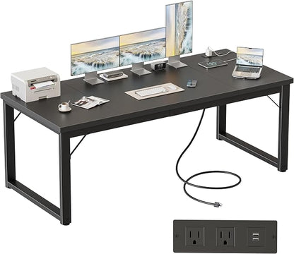 Mericonia 63x28 Inch Computer Desk w/Power Outlets, 1.2" Thick Office Table | Modern Simple Style, Heavy Duty Industrial Frame, Large Study & Writing Table for Home Bedroom Work, Black