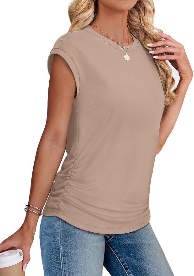 Sampeel Womens Summer Tops Trendy 2026 Ruched Cap Short Sleeve Tshirts Shirts Crew Neck T Shirts Fashion