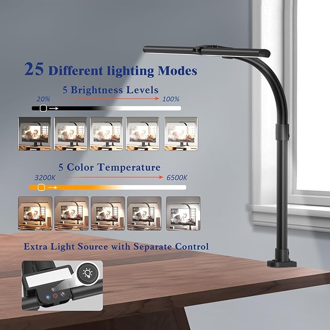 Desk Lamp for Home Office, 24W LED Desk Lamp with Clamp - 25 Lighting Modes Dimming Workbench Light with Flexible Gooseneck, Eye Protection Modern Desk Lamp for Reading Study Monitor Drafting