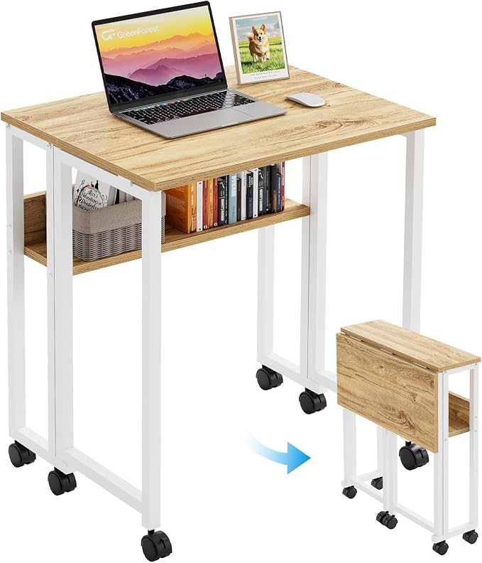 GreenForest Folding Desk with Wheels, 24.8" Rolling Table for Small Spaces | Storage Shelf, Lockable Casters, Compact Portable Workstation, Space-Saving Foldable Sofa Table, Home Office, Mobile, Oak
