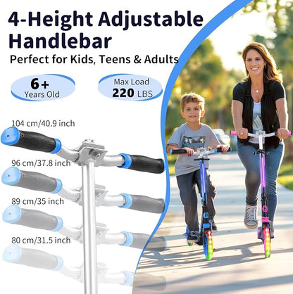 BELEEV V8 Scooters for Kids Ages 6+ with Light-Up Deck, 2 Wheel Folding Scooter for Kids, 4 Adjustable Height, Lightweight Sport Commuter Scooter, Sturdy Frame