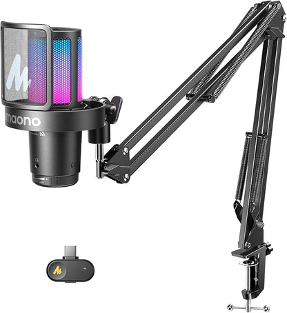 MAONO DGM20W Wireless Gaming Microphone for PC & Smartphones | USB-C Receiver, Clear Voice, Noise Reduction, Software Control, Custom RGB, Mute, Boom Mic Set for Discord Streaming & Gaming