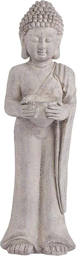 John Timberland Standing Buddha Statue Sculpture Zen Asian Japanese Garden Decor Indoor Outdoor Front Porch Patio Yard Outside Home Balcony House Exterior Lawn Gray Faux Stone Resin 32" Tall
