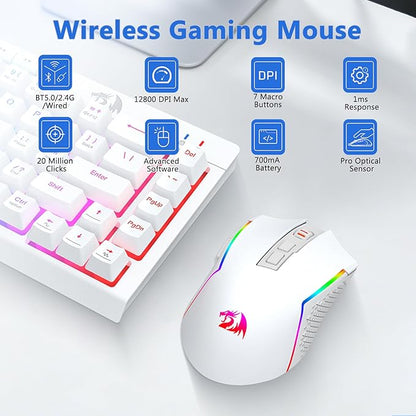 Redragon Wireless Gaming Keyboard and Mouse Combo, 60% Portable, White | Bluetooth/2.4G/USB-C Wired, RGB Backlit, Quiet Rechargeable Macro Membrane Keyboard & 12800 DPI Mouse for Win/MAC