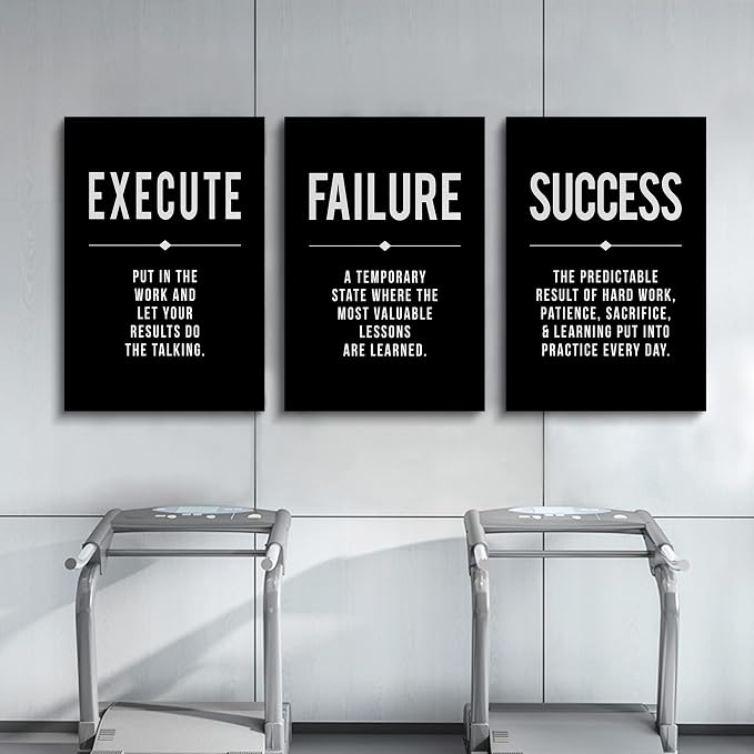 Framed Canvas Wall Art Success Quote, Office Wall Art, Black Large Poster, Positive Motivational Set of 3 Prints, Execute Failure Definition, Inspirational Print (A-3pcs,20x30inchx3pcs)