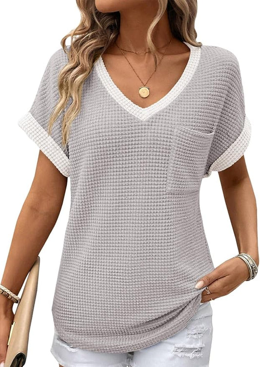 Dokotoo Womens Waffle Knit Tops 2026 Spring Summer V Neck Shirts Casual Trendy Women's Blouses Basic Tee
