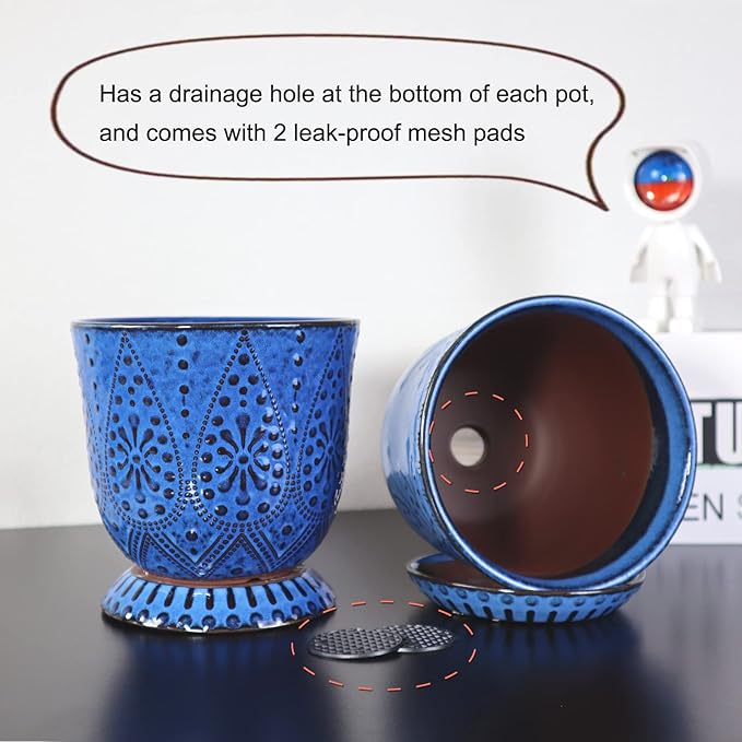 Gepege 6 Inch Beaded Ceramic Planter Set of 2 with Drainage Hole and Saucer for Plants, Indoor-Outdoor Large Round Succulent Orchid Flower Pot (Blue, for Inner-pots not Larger Than 5 Inch)