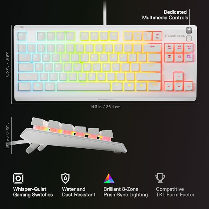 SteelSeries Apex 3 TKL White RGB Gaming Keyboard — Tenkeyless Compact Form Factor — 8-Zone RGB Illumination — Water and Dust Resistant — Whisper-Quiet Gaming Switch