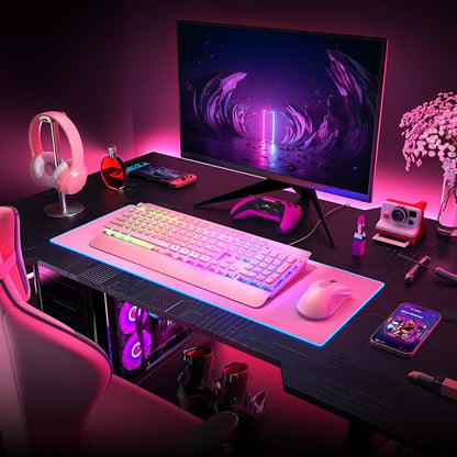 Pink Creamy Keyboard, 104 Keys All-Metal Panel, Rainbow LED Backlit Silent Gaming Keyboard, Wrist Rest, PBT Keycap, Anti-ghosting Keys, Light Up USB Wired Computer Keyboard for PC | Pink Creamy Keyboard Rainbow LED Backlit, Wrist Rest, PBT keycaps, Ant...