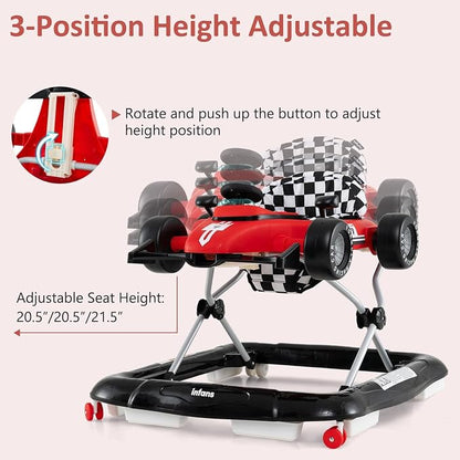 INFANS 4 in 1 Baby Walker, Foldable Toddler Activity Center with Adjustable Height, Padded Seat, Music, Light, Removable Tray, Push Walker for Girls Boys Aged 6-18 Months (Red)