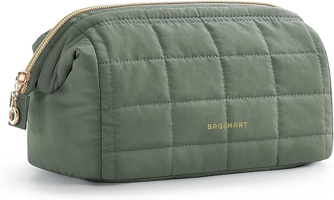 BAGSMART Makeup Bag Travel Toiletry Bag, Zipper Pouch, Olive Green | Wide-open, Puffy Padded, Travel Essentials, Make Up Bag, For Women, Makeup Organizer, Toiletries Accessories Brushes