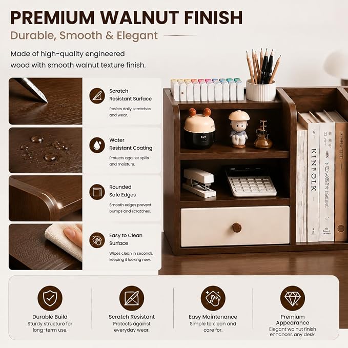 Desktop Organizer with Drawer & Dual File Compartments, Multi-Functional MDF Desk Storage Rack with 3-Tier Shelves and Pen Holder, Space Saving Desk Organizer 22.0×10.6×6.7 Inch for Study Room