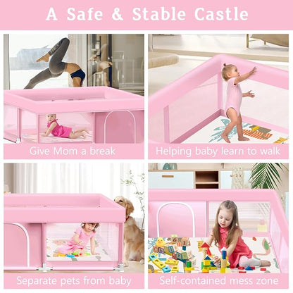 Pink Baby Playpen with Mat, 50x50 Inch Playpen with Mat Waterproof for Babies and Toddlers Play Pen for Girls Pink Playards Safety Gate Fence Active Center Indoor