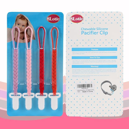 4-Pack Silicone Pacifier Clips with a Woven Rope Shape for Baby Boys and Girls - Flexible and Rust-Free Holders for Teething Relief and Baby Essentials, Safe for Newborns (Pink)