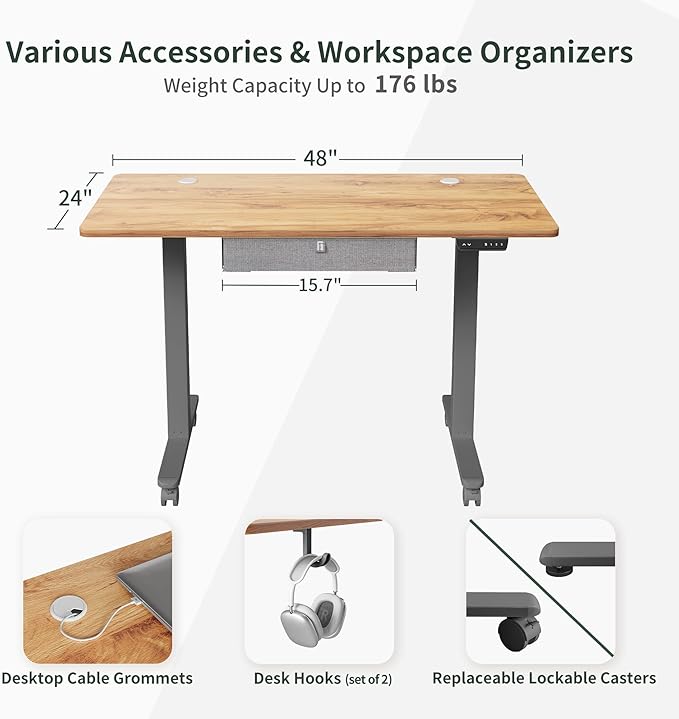 FEZIBO Standing Desk with Drawer, 48 x 24 Inches Adjustable Height Electric Stand up Desk with Storage, Sit Stand Home Office Desk, Light Rustic/Grey Frame