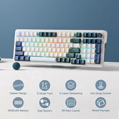 Redragon K686 PRO Wireless RGB Gasket Gaming Mechanical Keyboard, Easy Knob | Multi-Function Control Wheel, 0-Delay Tri-Mode, Cushioned 5-Layer Noise Dampening for Creamy Thocky Sound, Practical 98 Keys