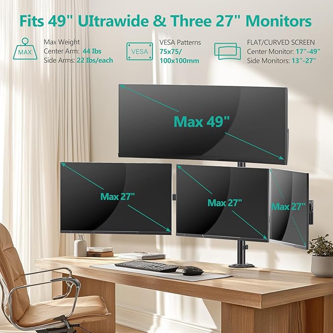 WALI Quad Monitor Mount for up to 49 inch Ultrawides on Top Bracket and 27 inch Screens on Lower Brackets, Extra Tall 4 Monitor Stand, Heavy Duty Monitors Arm up to 44 lbs (M004S-P), Black