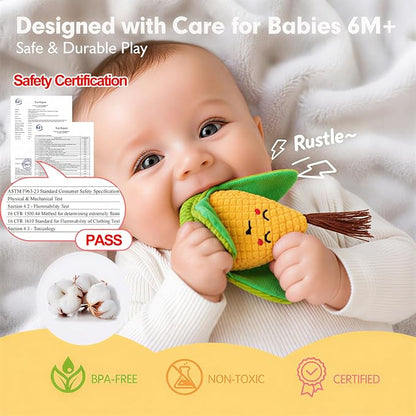 Fruit Vegetable Sensory Toys for Baby 6-12 Months - 16Pcs Plush Sorting Set Perfect for Little Hands to Grasp With Cute Faces, Bright Color Food Crinkle & Rattle, Birthday Gift for 1 Year Old Boy Girl