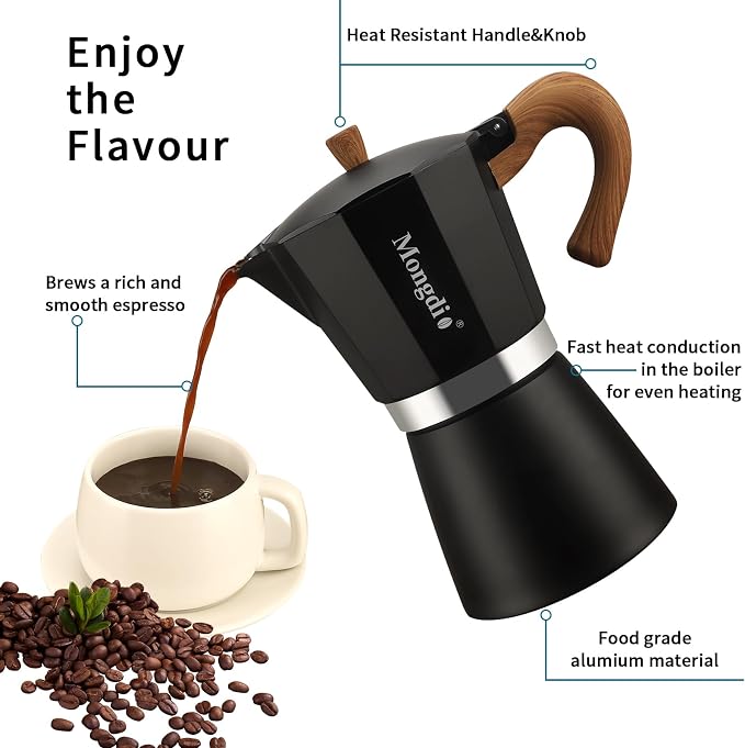 Mongdio Stovetop Espresso Maker Moka Pot, Cuban Coffee Maker Stove top coffee maker Moka Italian Espresso Greca Coffee Maker Brewer Percolator, 12 Espresso Cups, 20 oz - Black