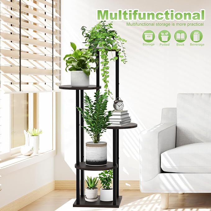5 Tier Wood Tall Plant Stand Metal Rack Indoor, Multiple Flower Pot Holder Shelves Corner Rack, Round Planter Shelf Display Rack Storage Organizer for Patio Living Room Balcony(Black Oak)
