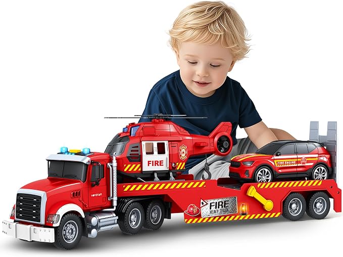 SpringFlower Extra Large Fire Truck Toys for Boys Girls with Racing Car and Helicopter, Lights, Sounds, Semi Truck Vehicle Toy for Toddlers 3 4 5 6 7, Christmas Birthday Gift