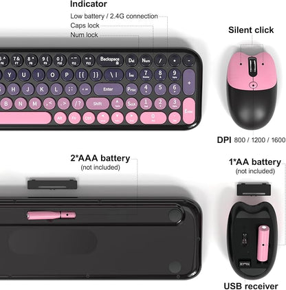 MOFII Wireless Keyboard and Mouse Combo, Compact Typewriter Retro Round Computer Keyboard and Mouse Set, Plug and Play, for Windows, Computer, Desktop, PC, Notebook - (Plum Pink Gradient)