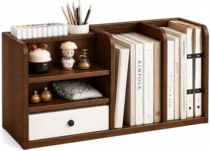 Desktop Organizer with Drawer & Dual File Compartments, Multi-Functional MDF Desk Storage Rack with 3-Tier Shelves and Pen Holder, Space Saving Desk Organizer 22.0×10.6×6.7 Inch for Study Room