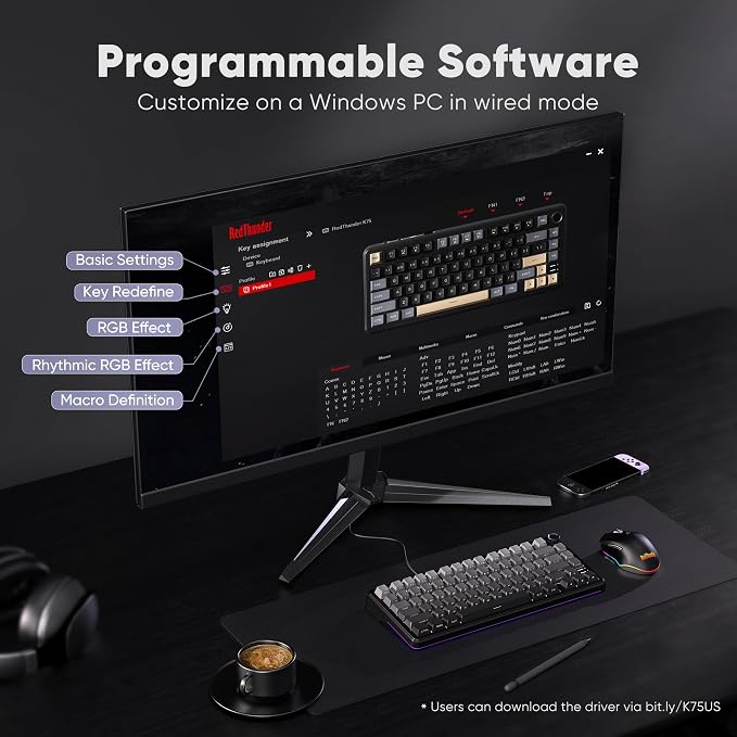 RedThunder K75 Wireless Mechanical Gaming Keyboard, 75% Hot Swappable Creamy Keyboard with Knob, RGB Backlit, Pre-lubed Linear Switches, Side Engraved PBT Keycaps, Wireless/Wired/BT5.0, Gradient Gray