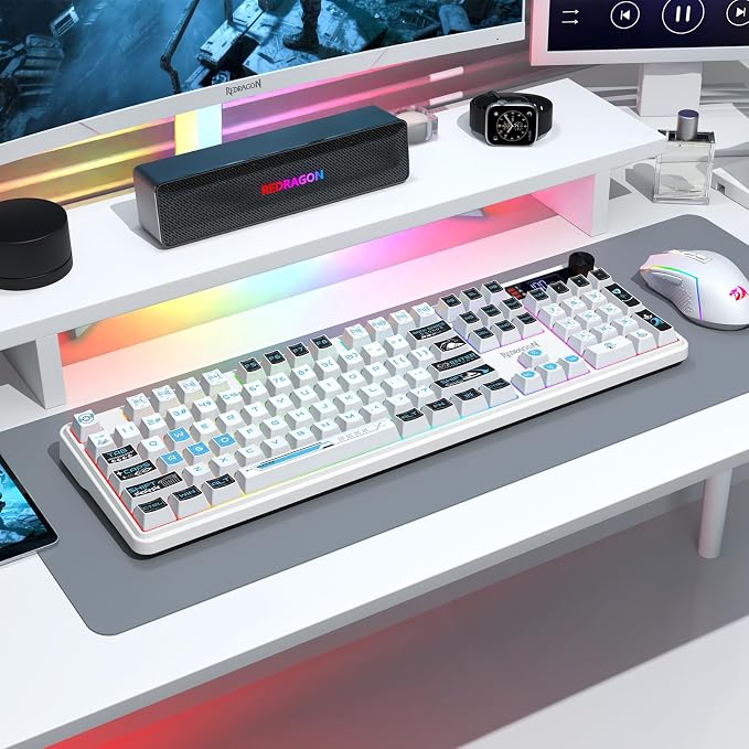 Redragon K526 PRO Wireless RGB Membrane Gaming Keyboard, LED Screen & Knob | See Battery, Mode & Time at a Glance, 0-Delay Tri-Mode, One-Touch Backlit & Media Adjust, 26-Key Anti-Ghost for Combo-Strike