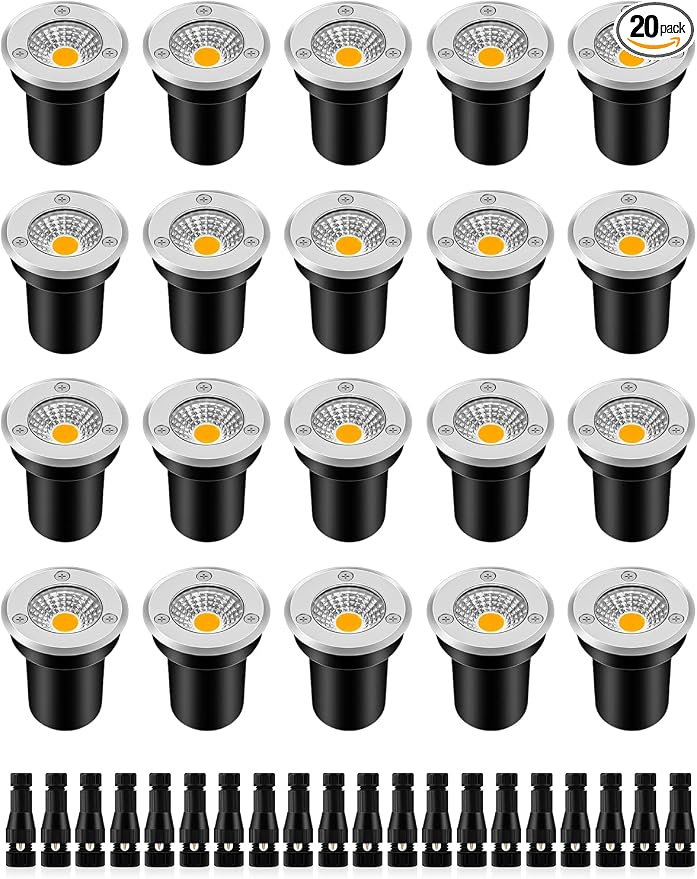 ZUCKEO Low Voltage Landscape Lights Well Lights Landscape LED in Ground Light IP67 Waterproof Outdoor Landscape Lighting Wired Floor Pathway Deck Step Garden with Connectors (20Pack Warm White)