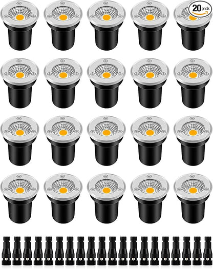 ZUCKEO Low Voltage Landscape Lights Well Lights Landscape LED in Ground Light IP67 Waterproof Outdoor Landscape Lighting Wired Floor Pathway Deck Step Garden with Connectors (20Pack Warm White)