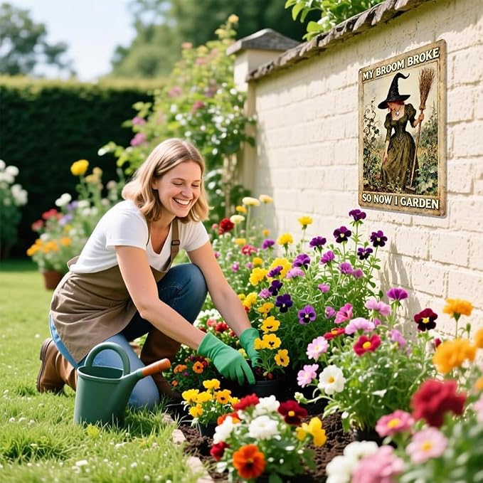 Vintage Outdoor Garden Witch Metal Tin Sign My Broom Broke So Now I Garden Wall Art for Outdoor Backyard Greenhouse Wall Decor