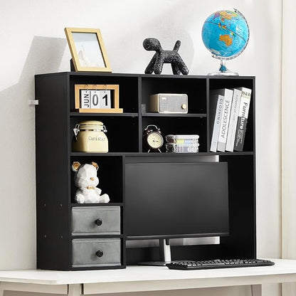 VEVOR 3-Tier Desktop Storage Organizer, 37" x 10" x 31.1" Office Storage Rack Wood Display Shelf, Desktop Bookshelf Hutch with 2 Fabric Drawers, for Office, Home & Dorm, Black