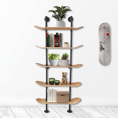 Industrial Shelves - 5 Tier Industrial Decor Pipe Bookcase Using 7 Ply Skateboard Decks - Natural Wood Stain Finish - Bathroom Wall Decor, Living Room Furniture, Book Shelf for Skateboard Enthusiasts