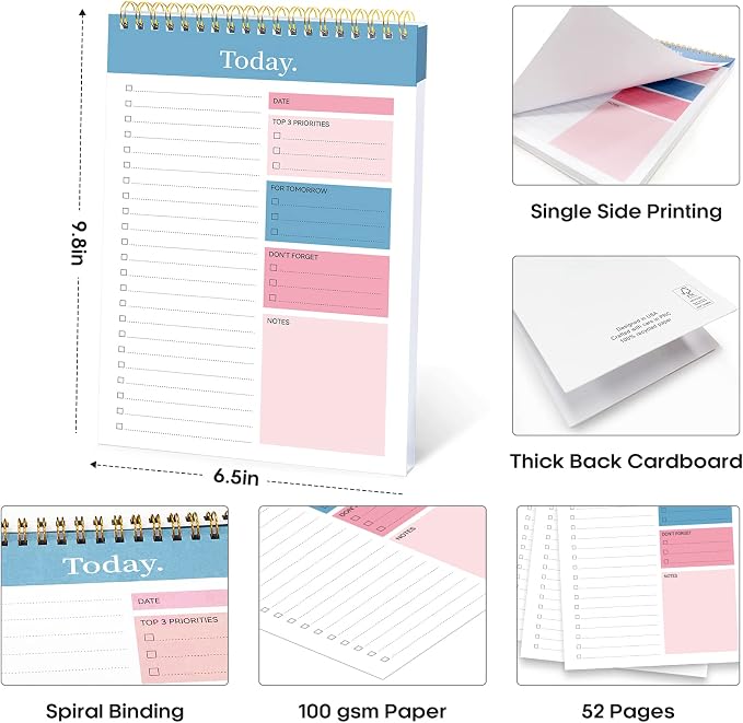 Taja To Do List Notepad, Undated Daily Planner for Work and Goal Setting | Early Dawn, 52 Sheets, 9.8" x 6.5" , for Office, Home and school, Daily Task Planning, Notes and Everyday Organization