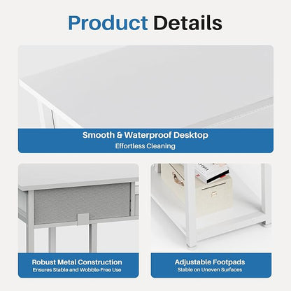 OLIXIS Desk with Storage, Computer Desk, Fabric Drawers | Home Office Work Table, Study Gaming Writing Table, Bedroom Small Space, White
