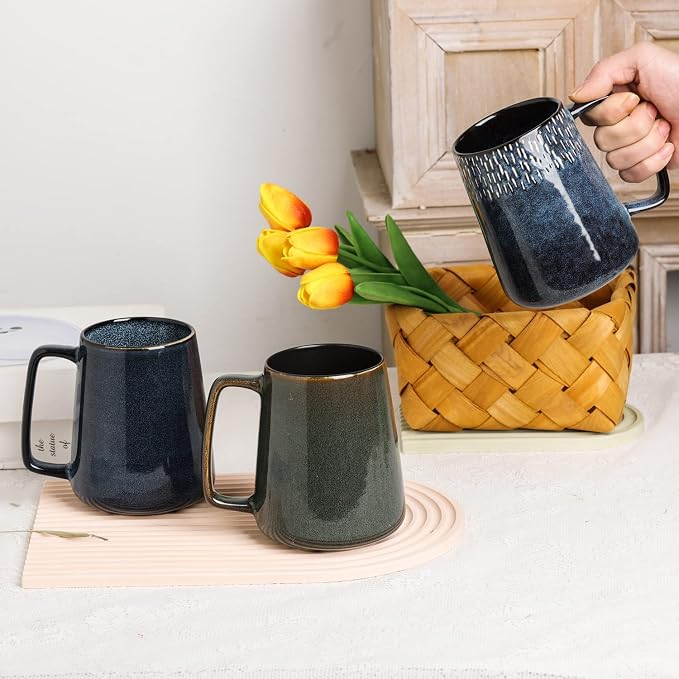 Large Ceramics Coffee Mugs,24 OZ,with Spoon and Wooden Lid,for Coffee,Tea,Large Handle Design,Microwave and Dishwasher Safe(Color:24 oz star blue set)