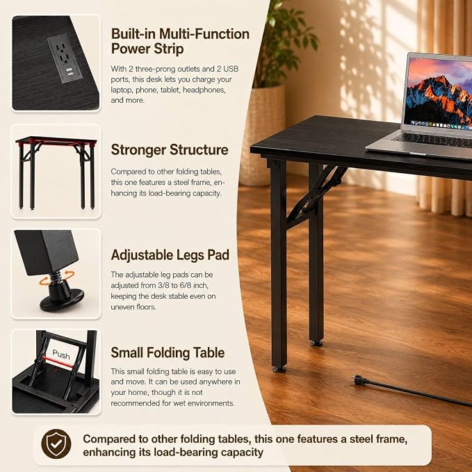 Folding Table Computer Desk - 35.8" No Assembly Folding Desk with Power Outlets & USB Charging Port, Small Desk, Foldable Office Desk, Compact Storage Portable Use for Small Space, Dark Oak