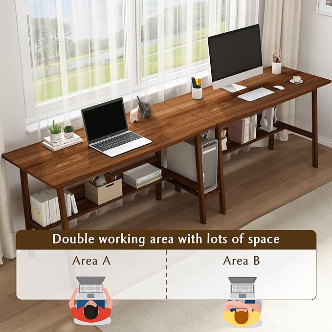 2-Person Writing Desk with Bookshelf - 94" Wooden Extra Long Home Office Work Table, Double Study Computer Workstation with Storage Shelves in White, 94" W x 24" D